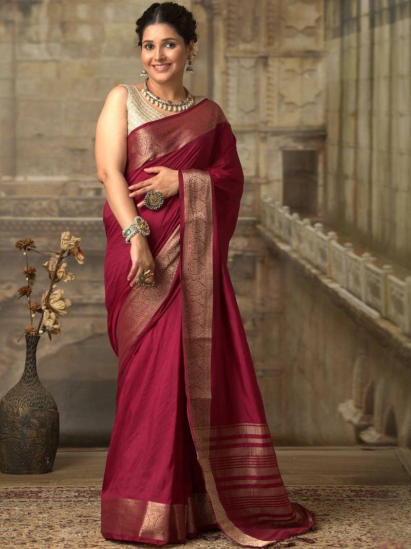 Maroon zari woven border saree