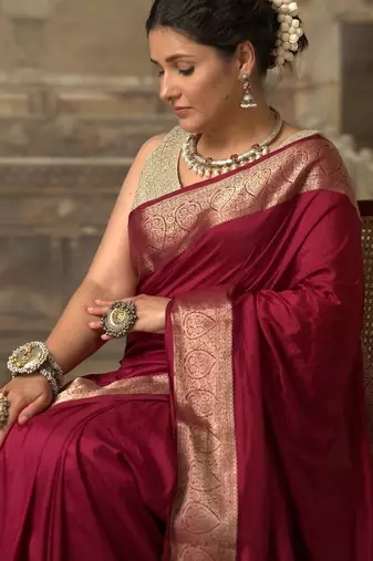 Maroon zari woven border saree