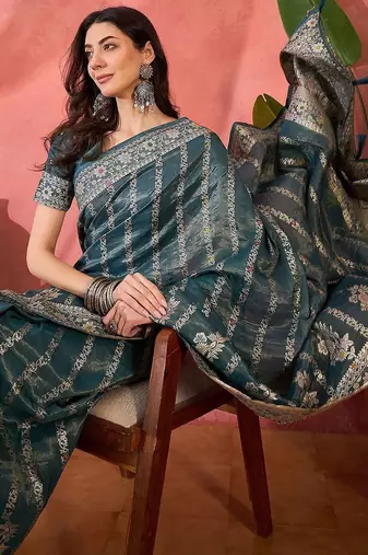 Teal woven design zari banarasi saree