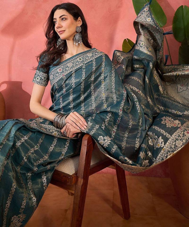 Teal woven design zari banarasi saree