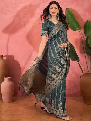 Teal woven design zari banarasi saree 2