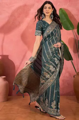 Teal woven design zari banarasi saree
