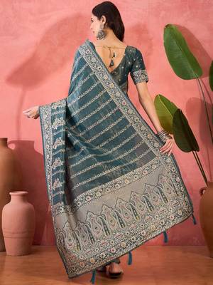 Teal woven design zari banarasi saree 3