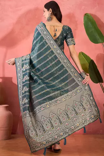 Teal woven design zari banarasi saree