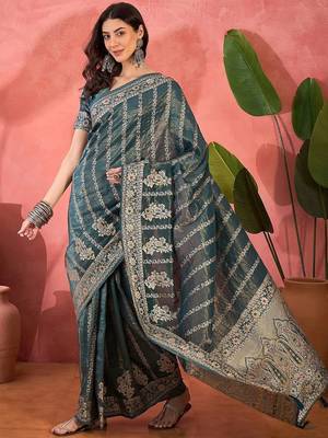 Teal woven design zari banarasi saree 4