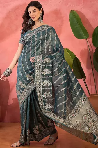 Teal woven design zari banarasi saree