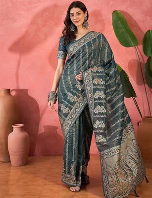 Teal woven design zari banarasi saree 5
