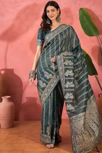 Teal woven design zari banarasi saree