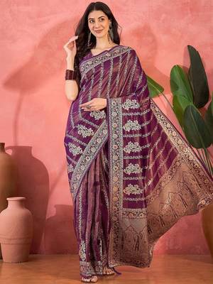 Purple floral woven design banarasi jacquard saree with blouse piece 1