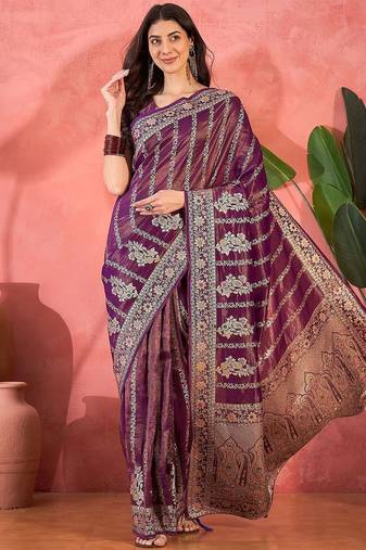 Purple floral woven design banarasi jacquard saree with blouse piece