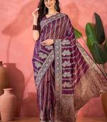 Purple floral woven design banarasi jacquard saree with blouse piece