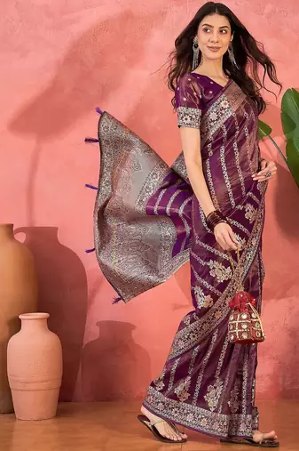 Purple floral woven design banarasi jacquard saree with blouse piece