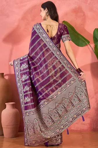 Purple floral woven design banarasi jacquard saree with blouse piece