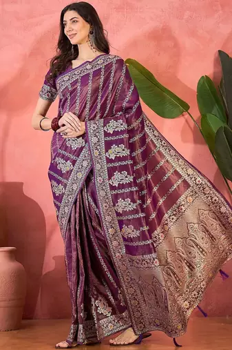 Purple floral woven design banarasi jacquard saree with blouse piece