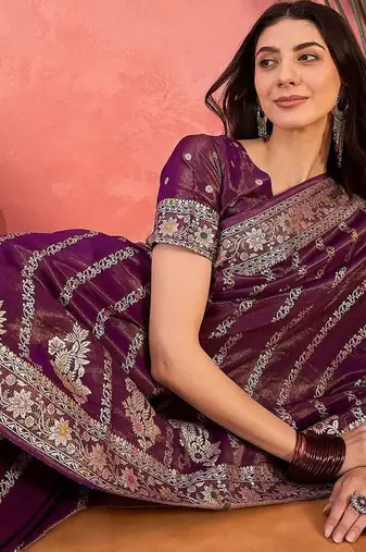 Purple floral woven design banarasi jacquard saree with blouse piece