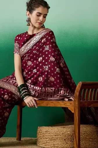 Burgundy ethnic motif zari woven kanjeevaram saree with blouse
