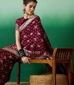 Burgundy ethnic motif zari woven kanjeevaram saree with blouse