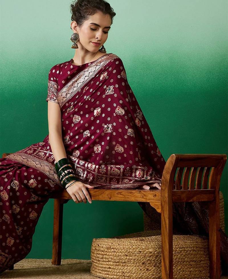 Burgundy ethnic motif zari woven kanjeevaram saree with blouse