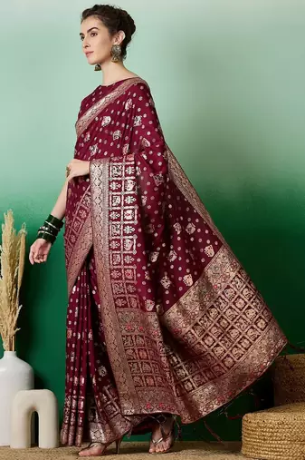 Burgundy ethnic motif zari woven kanjeevaram saree with blouse