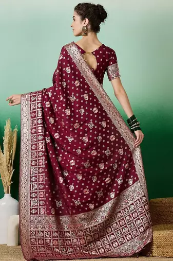 Burgundy ethnic motif zari woven kanjeevaram saree with blouse