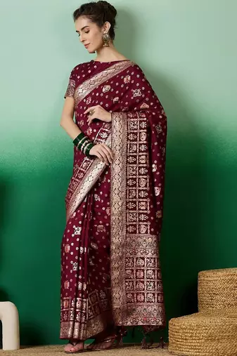 Burgundy ethnic motif zari woven kanjeevaram saree with blouse
