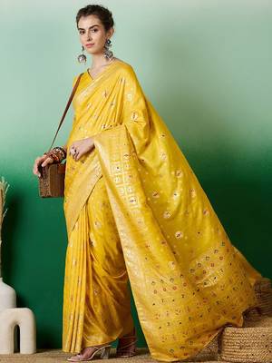 Yellow ethnic motif zari woven tassel detail kanjeevaram saree 1