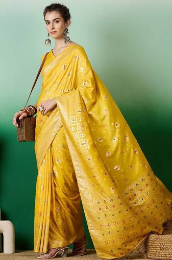 Yellow ethnic motif zari woven tassel detail kanjeevaram saree