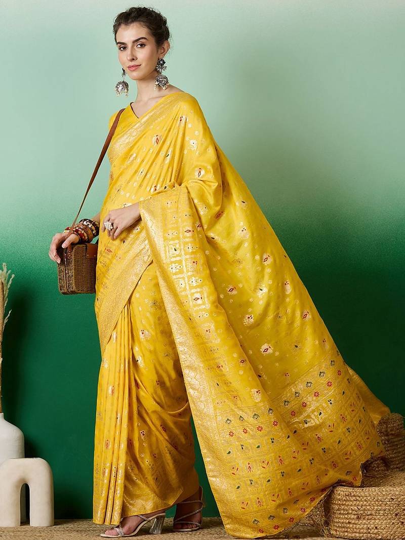 Yellow ethnic motif zari woven tassel detail kanjeevaram saree