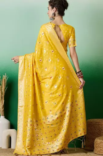 Yellow ethnic motif zari woven tassel detail kanjeevaram saree