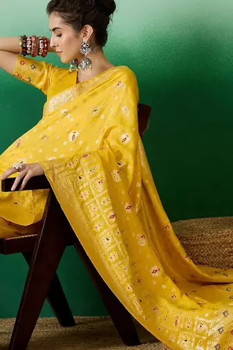 Yellow ethnic motif zari woven tassel detail kanjeevaram saree