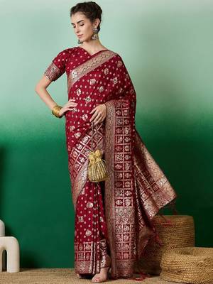 Maroon ethnic motif zari woven kanjeevaram saree with blouse 1