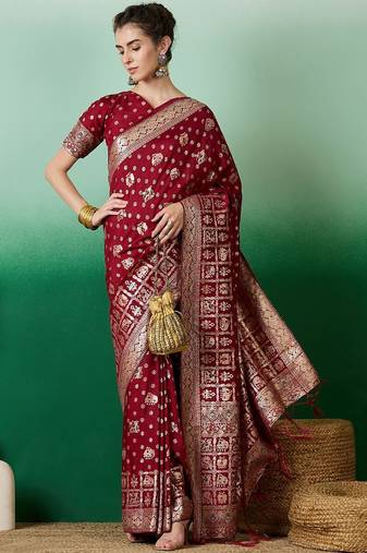 Maroon ethnic motif zari woven kanjeevaram saree with blouse