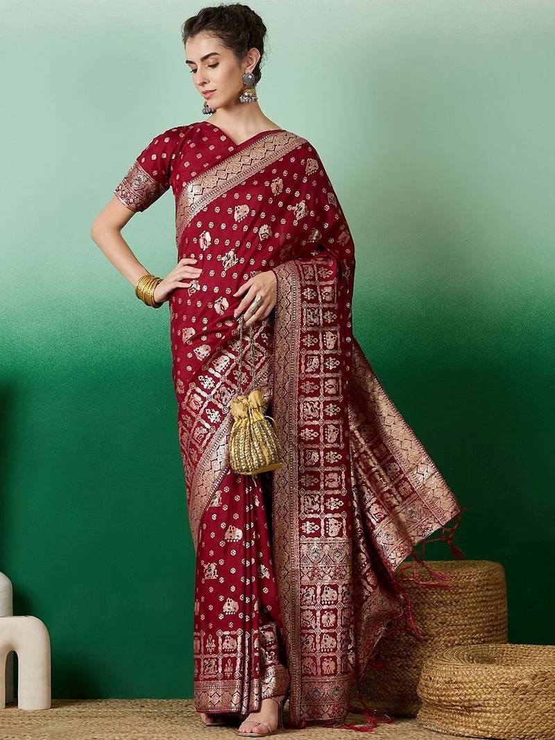 Maroon ethnic motif zari woven kanjeevaram saree with blouse