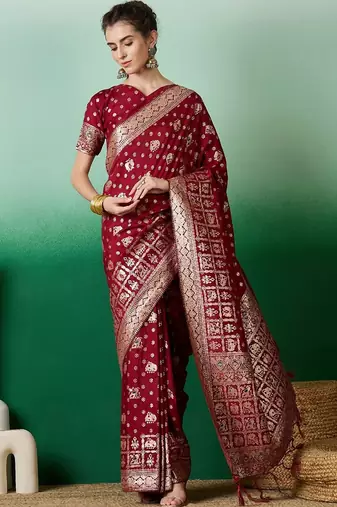 Maroon ethnic motif zari woven kanjeevaram saree with blouse