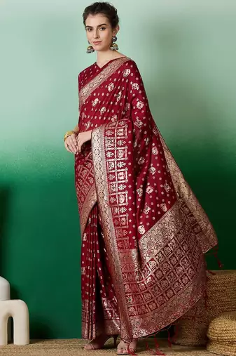 Maroon ethnic motif zari woven kanjeevaram saree with blouse