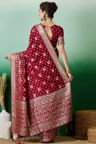 Maroon ethnic motif zari woven kanjeevaram saree with blouse