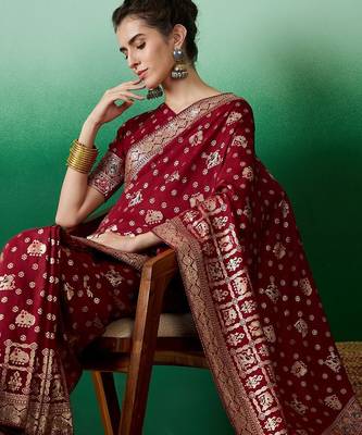 Maroon ethnic motif zari woven kanjeevaram saree with blouse 5