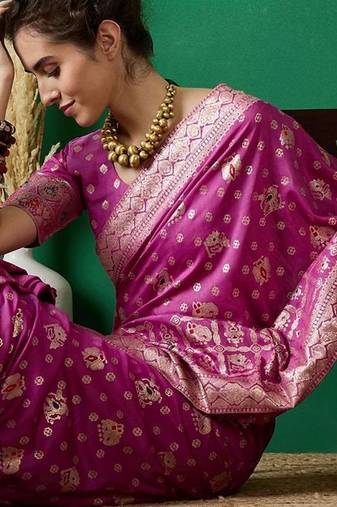 Pink ethnic motif zari woven kanjeevaram saree with blouse