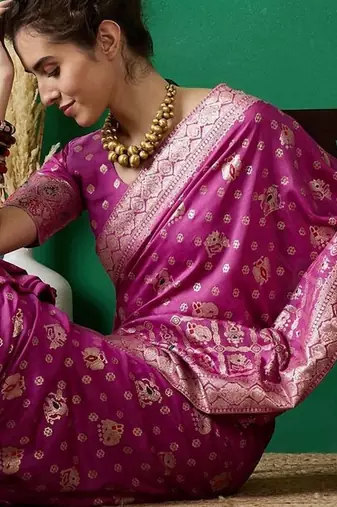 Pink ethnic motif zari woven kanjeevaram saree with blouse