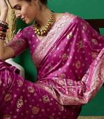 Pink ethnic motif zari woven kanjeevaram saree with blouse