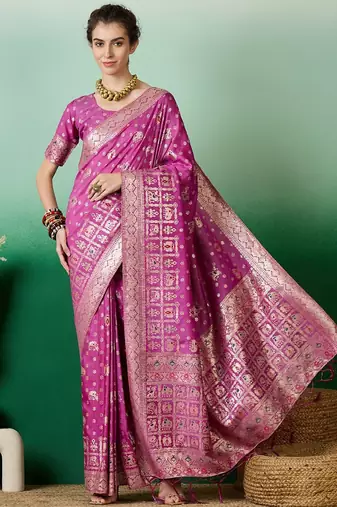 Pink ethnic motif zari woven kanjeevaram saree with blouse