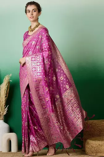 Pink ethnic motif zari woven kanjeevaram saree with blouse