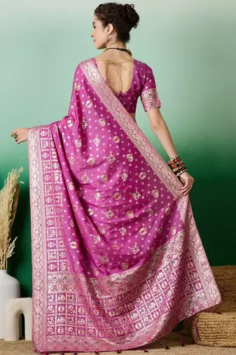 Pink ethnic motif zari woven kanjeevaram saree with blouse