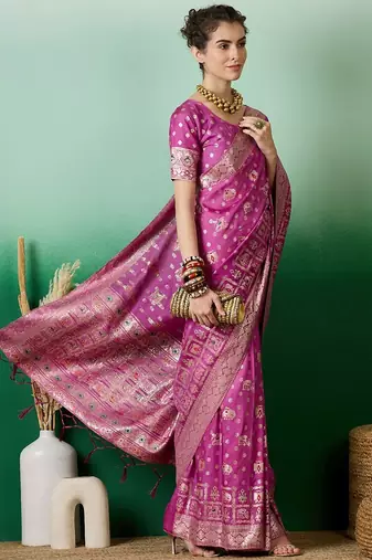 Pink ethnic motif zari woven kanjeevaram saree with blouse