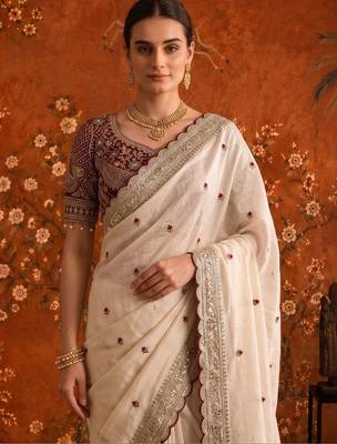 Off white embellished embroidered satin saree 1