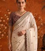 Off white embellished embroidered satin saree