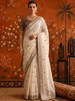 Off white embellished embroidered satin saree 2