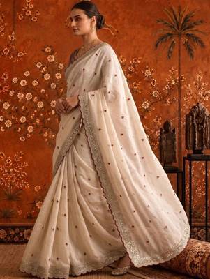 Off white embellished embroidered satin saree 3