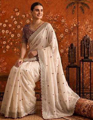 Off white embellished embroidered satin saree 4