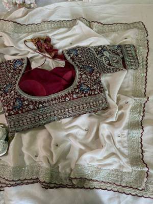 Off white embellished embroidered satin saree 5